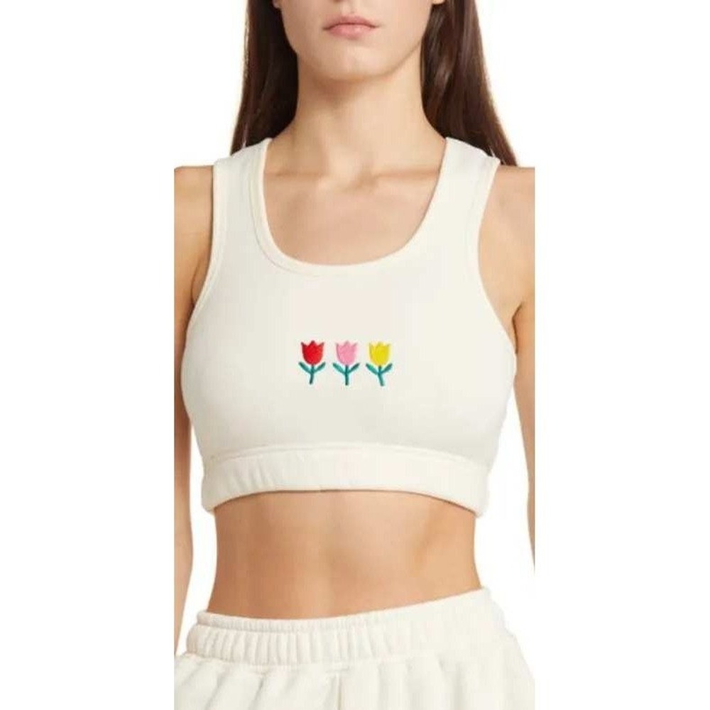 YELLOW Yllw The Label Embroidered Fleece Crop Tank Top Womens XS Floral Tulip